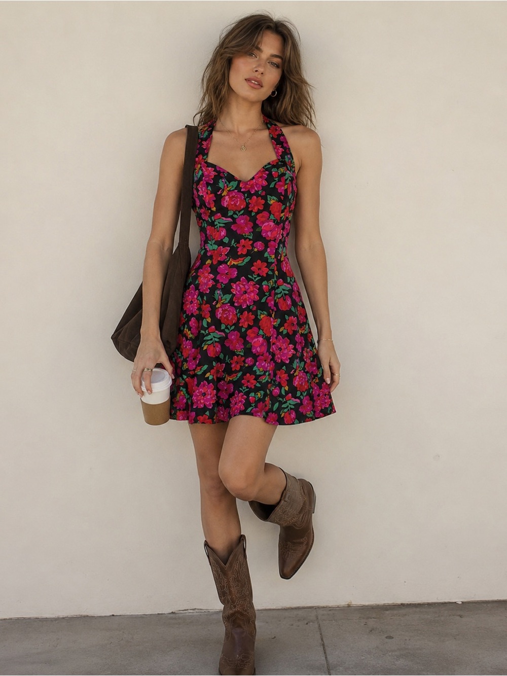 Vintage Rampage Floral Halter Dress Fit & Flare Retro Pin Up Made in USA